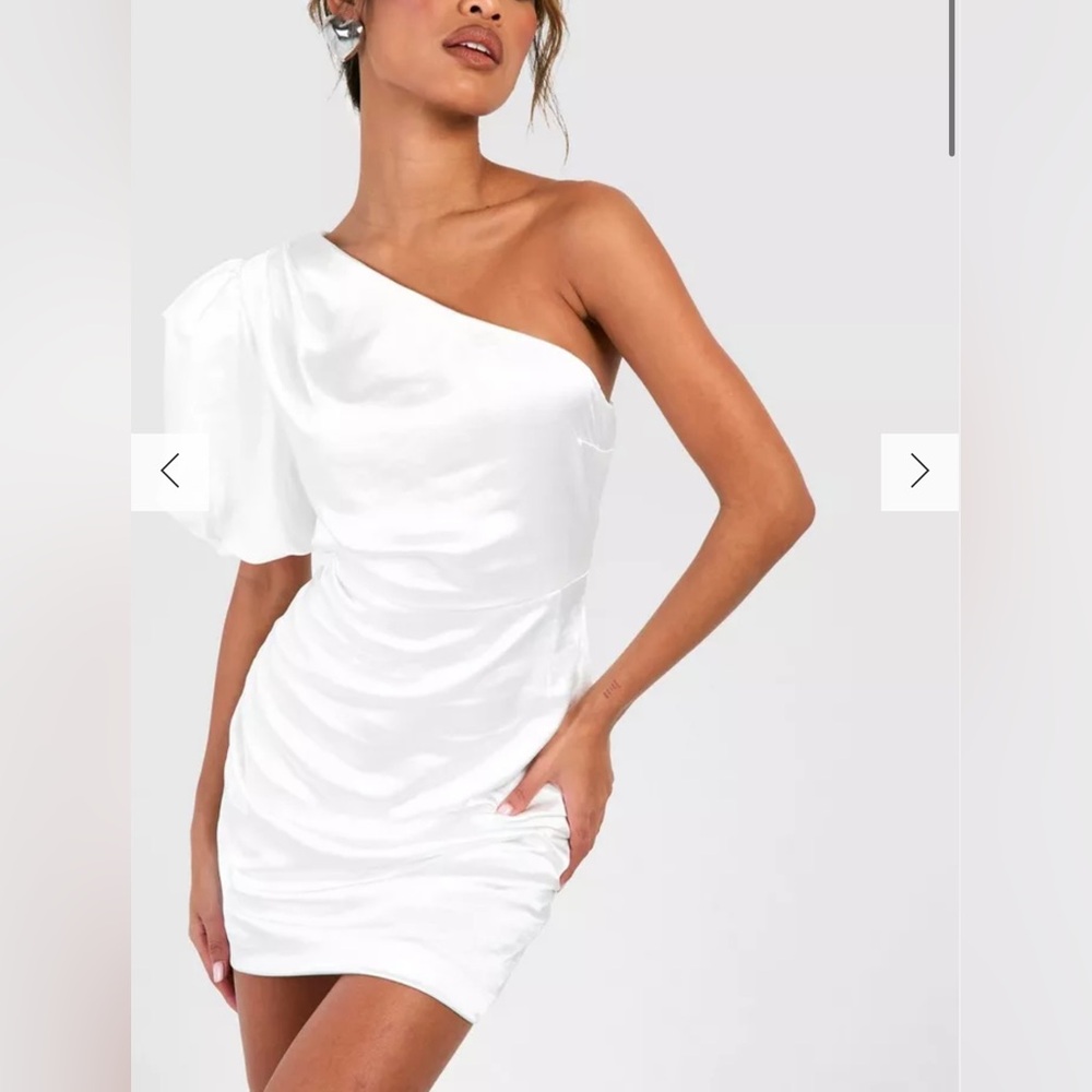 Satin Puff Sleeve Asymmetric Mini Dress